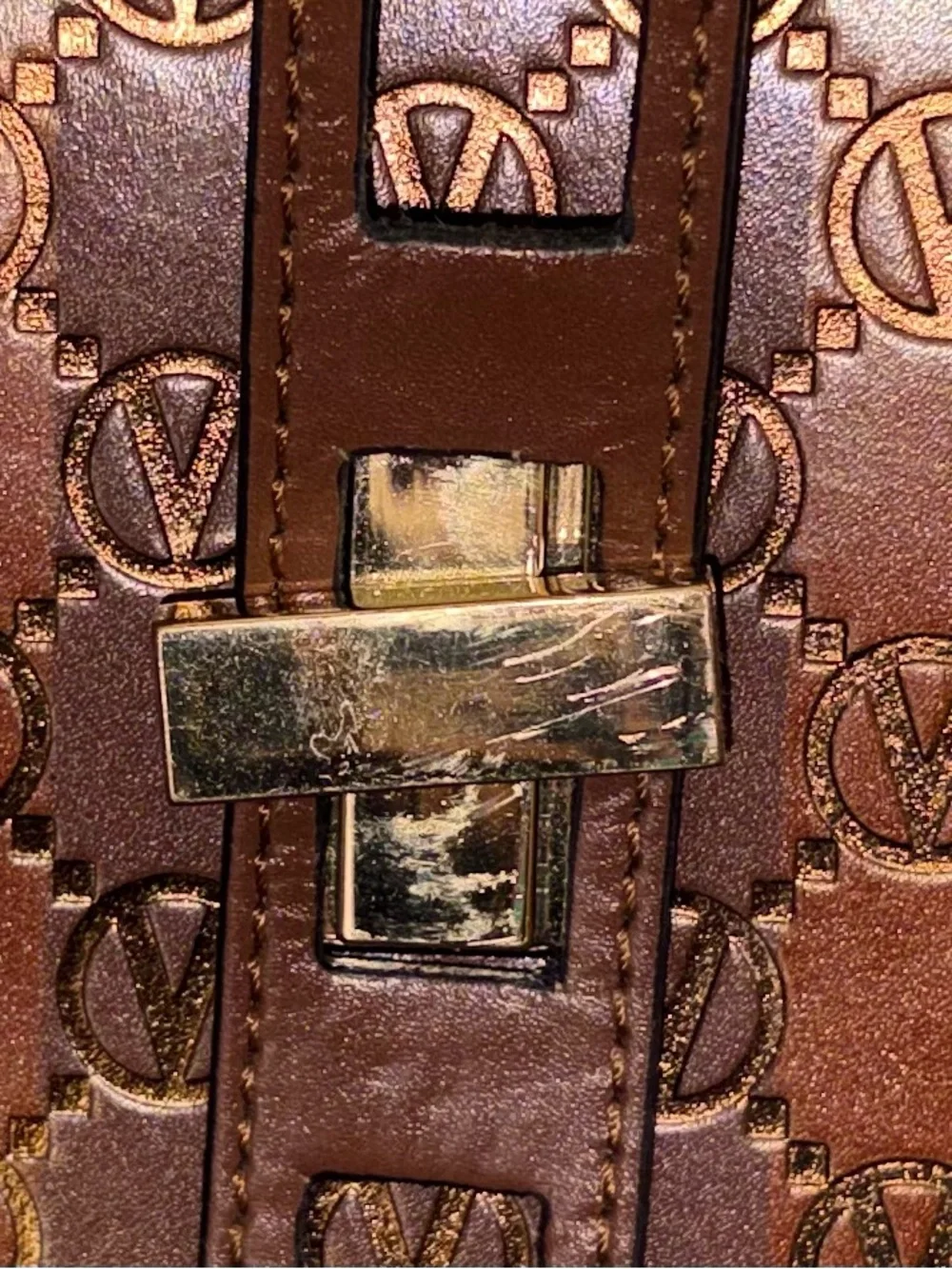 Mario Valentino Spa Brown Monogram Leather Tote with Gold Hardware
